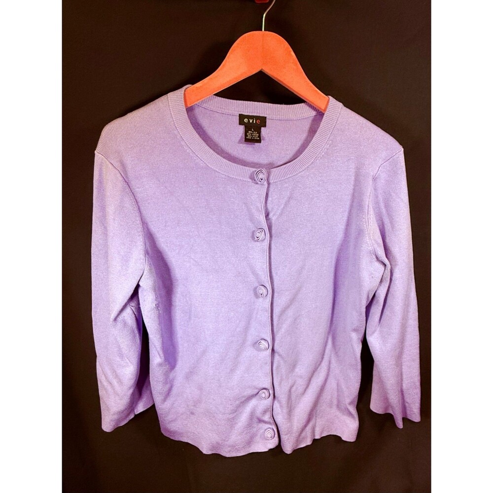 VINTAGE EVIE Women’s L Silk Cardigan Periwinkle with decorative Rose Buttons